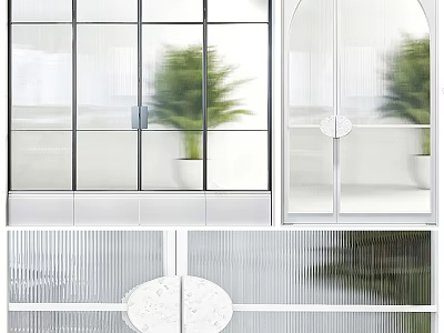Arched Glass Doors With White Frames Frosted Panels And Green Plants 3d model
