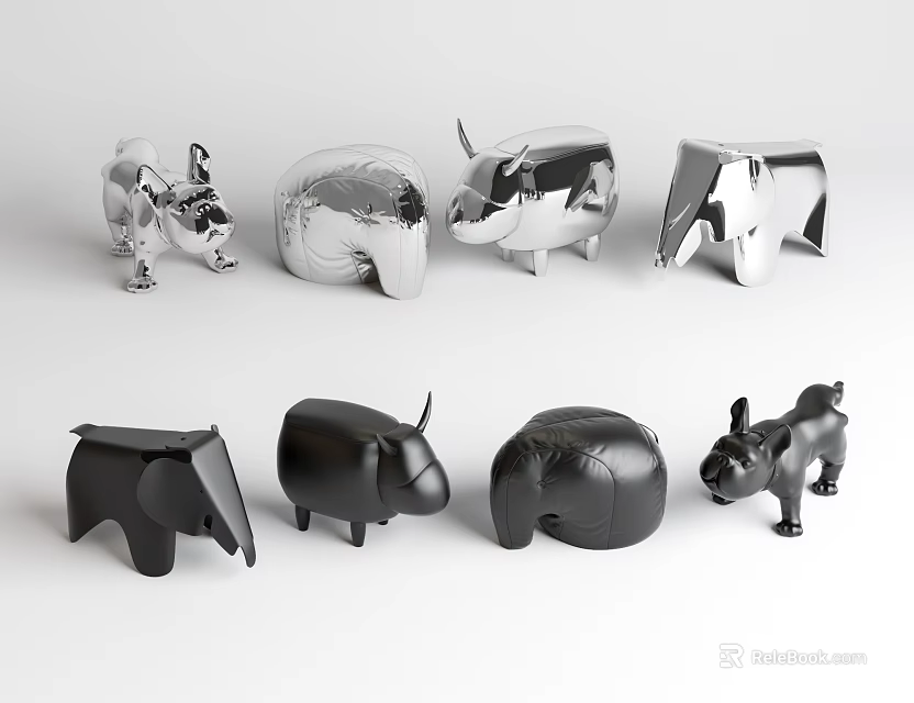 Unique Modern Animal Shaped Stools in Silver and Black Metallic Sleek Design 3d model 