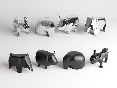 Unique Modern Animal Shaped Stools in Silver and Black Metallic Sleek Design 3d model