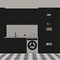 Modern Laundry Area Interior Design With Black Cabinets White Tiled Backsplash And White Washing Machine