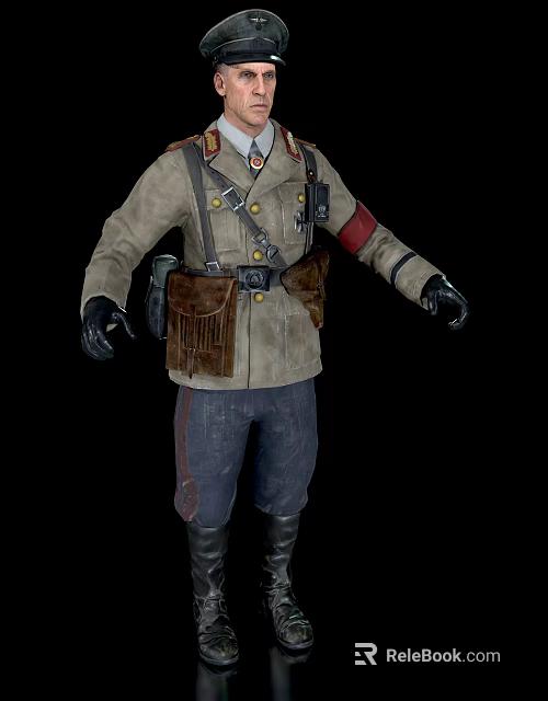 Man Wearing Military Style Brown Coat With Straps Pouches Dark Pants And Black Gloves 3d model 