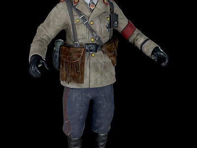Man Wearing Military Style Brown Coat With Straps Pouches Dark Pants And Black Gloves 3d model