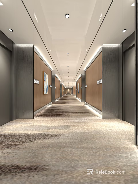 Modern Hotel Corridor With Elevators Artwork And Lighting 3d model 