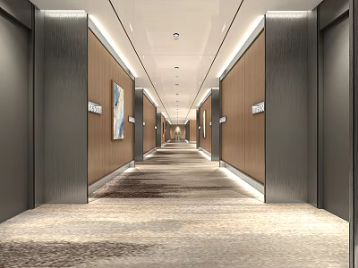 Modern Hotel Corridor With Elevators Artwork And Lighting 3d model