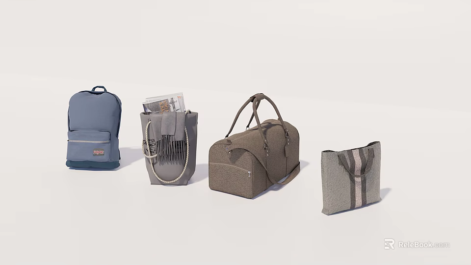Stylish Collection of Different Bags Featuring Blue Backpack Gray Tote Brown Duffel and Gray Clutch 3d model 