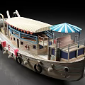 Vintage Wooden Yacht with Blue White Canopy Red Accents Two Chimneys Dinghy and Open Deck