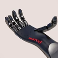 Man with Black Robotic Arm Featuring Red Marcel Branding and Modern Design