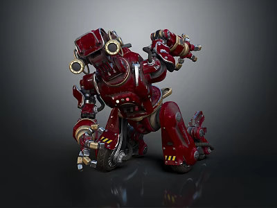 Red Sci Fi Mechanical Robot Character In Kneeling Stance With Armor And Gear Details 3d model