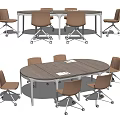 Modern Oval Conference Table With Wooden Top And Brown Rolling Chairs