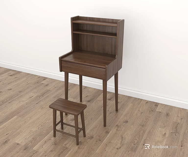 Simple Wooden Walnut Dressing Table With Drawer Shelves And Matching Stool 3d model 