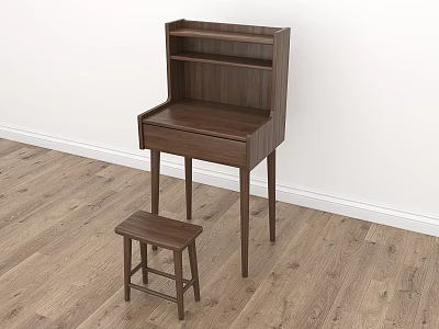 Simple Wooden Walnut Dressing Table With Drawer Shelves And Matching Stool 3d model