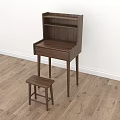 Simple Wooden Walnut Dressing Table With Drawer Shelves And Matching Stool 3d model
