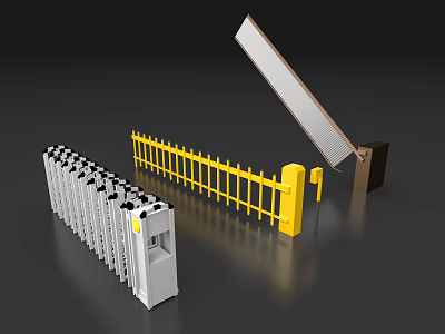 Commercial Equipment Including Retractable Gate Yellow Barrier And Automatic Boom Barrier 3d model