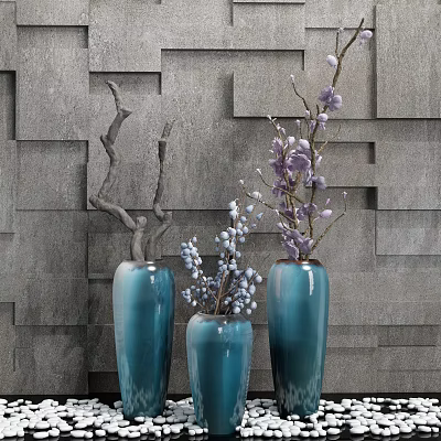 Blue Ceramic Vases Decorated With Purple Flowers And White Berries Against Gray Geometric Wall 3d model