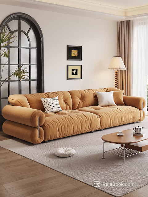 Cozy Modern Orange Velvet Sofa and Coffee Table Set with Pillows and Wooden Table Top 3d model 