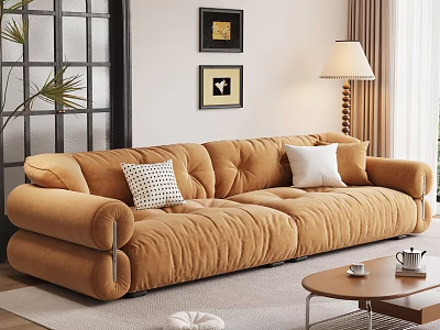 Cozy Modern Orange Velvet Sofa and Coffee Table Set with Pillows and Wooden Table Top 3d model