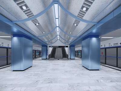 Modern Subway Station With Blue Tone Marble Floor Escalators Blue Pillars And Ceiling Light Strips 3d model