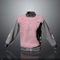 Pink and Gray Varsity Jacket with Ribbed Collar Cuffs Hem Button Front and Embroidered Logo 3d model