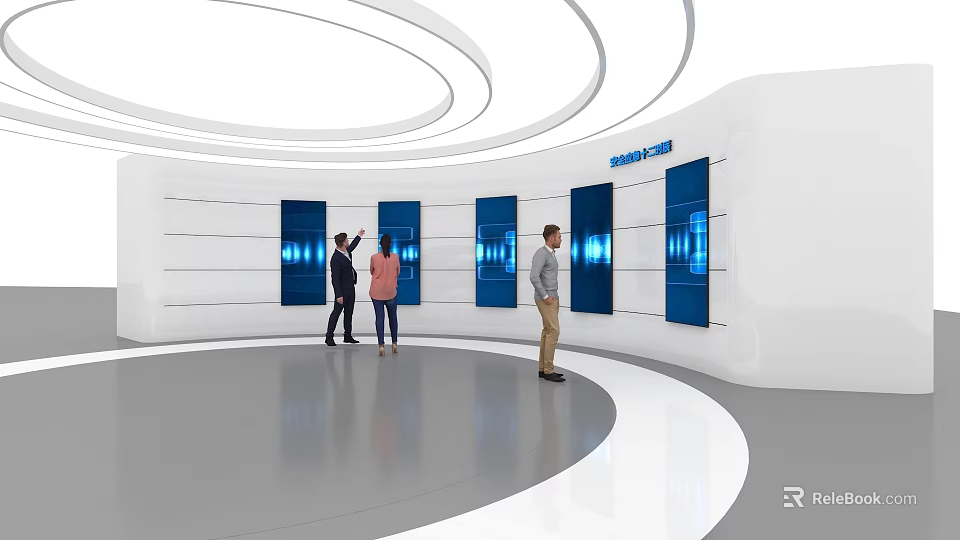 Modern Exhibition Showroom With Interactive Blue Screens White Curved Walls And Visitors Engaging 3d model 