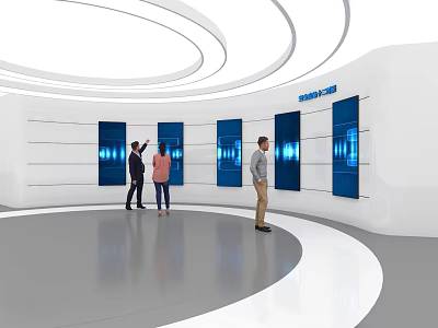 Modern Exhibition Showroom With Interactive Blue Screens White Curved Walls And Visitors Engaging 3d model