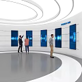 Modern Exhibition Showroom With Interactive Blue Screens White Curved Walls And Visitors Engaging