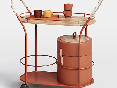 Commercial Equipment Orange Wheeled Serving Cart with Two Trays Cups and Storage Barrel 3d model