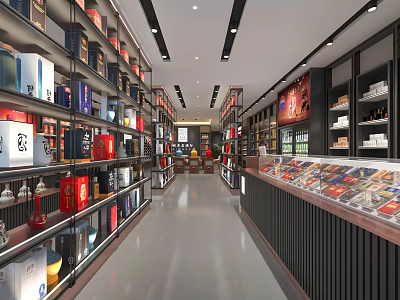Spacious Tobacco and Alcohol Store Interior with Shelves Displaying Various Liquor and Tobacco Products 3d model