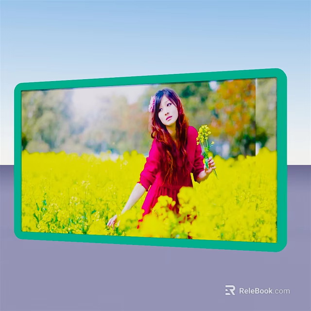 Green Photo Frame Displaying Girl In Red Dress In Yellow Flower Field Holding Yellow Flower 3d model 