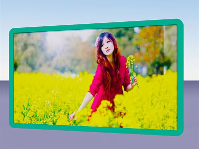 Green Photo Frame Displaying Girl In Red Dress In Yellow Flower Field Holding Yellow Flower 3d model