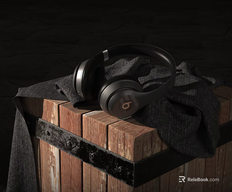 Black Over Ear Headphones Placed On Wooden Crate With Dark Cloth 3d model 