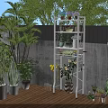 White Multi Tiered Plant Stand With Potted Flowers And Greenery In Outdoor Garden
