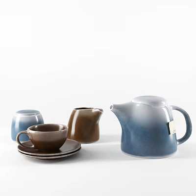 Minimalist Ceramic Tea Set With Blue And Brown Teapot Cup Saucer And Creamer Modern Design 3d model