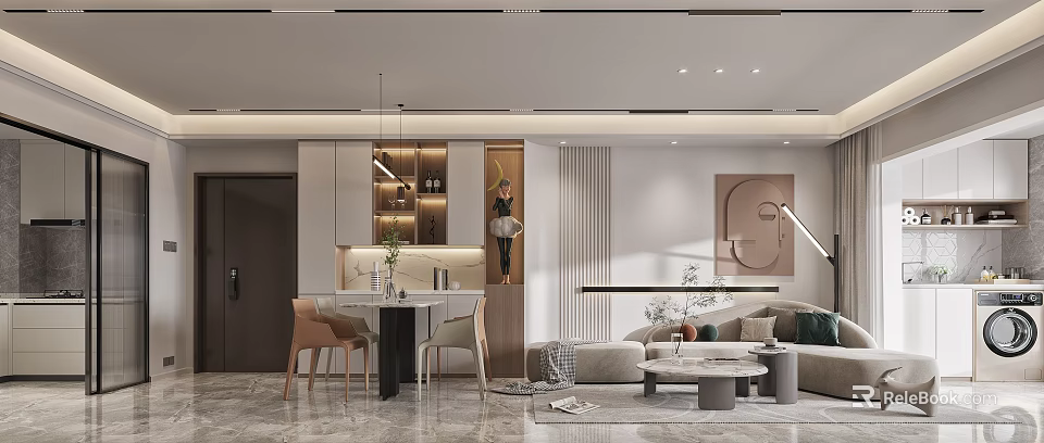 Modern Elegant Dining Living Room Interior With Sofa Dining Table And Wall Art 3d model