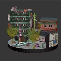 Traditional Japanese Architecture Street Scene With Multi Story Building Small Houses Trees And Vintage Car