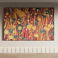 Abstract Painting With Red Yellow Black White Circular Patterns And Striped Design Wall Art