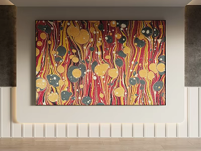 Abstract Painting With Red Yellow Black White Circular Patterns And Striped Design Wall Art 3d model