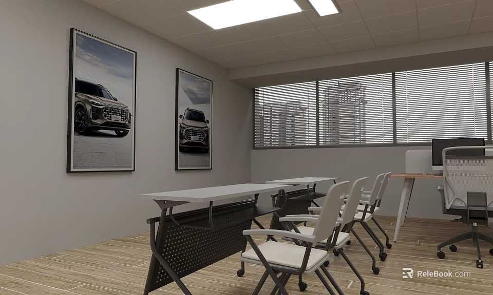 Modern Workspace With Car Posters Long Table Chairs Windows Blinds And High Rise Buildings Outside 3d model 