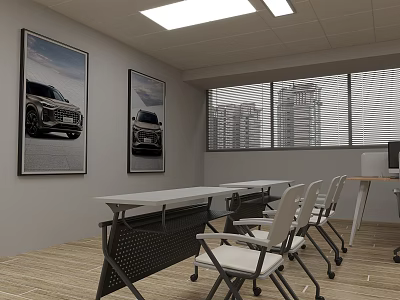 Modern Workspace With Car Posters Long Table Chairs Windows Blinds And High Rise Buildings Outside 3d model