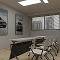 Modern Workspace With Car Posters Long Table Chairs Windows Blinds And High Rise Buildings Outside
