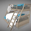 Wooden Bunk Bed Design With Blue Pillows Plaid Blanket Storage Drawers And Ladder