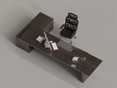 Wooden Office Desk Setup With Black Leather Chair Computer And Documents 3d model