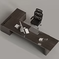 Wooden Office Desk Setup With Black Leather Chair Computer And Documents