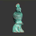 Turquoise Colored Parrot Statue With Red Crest Standing On Spiral Pattern Base Against Dark Background