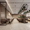 Spacious Modern Restaurant Interior With Neat Tables Buffet Counter Wall Painting Bright Lighting And Ceiling Plants