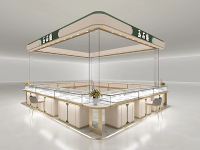 Elegant Jewelry Store Interior With Glass Display Counters Overhead Lighting And Chairs 3d model