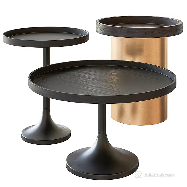 Modern Round Coffee Tables With Black Wooden Top And Gold Metal Pedestal Base 3d model 