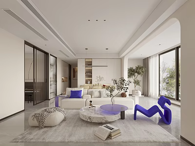 Modern Living Dining Room Interior With White Sofa Round Coffee Table And Purple Accent Chair 3d model