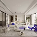 Modern Living Dining Room Interior With White Sofa Round Coffee Table And Purple Accent Chair