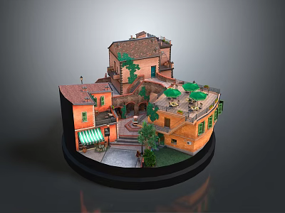 Miniature Architectural Model With Traditional Houses Courtyard Green Plants Awnings And Terraces 3d model