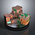 Miniature Architectural Model With Traditional Houses Courtyard Green Plants Awnings And Terraces